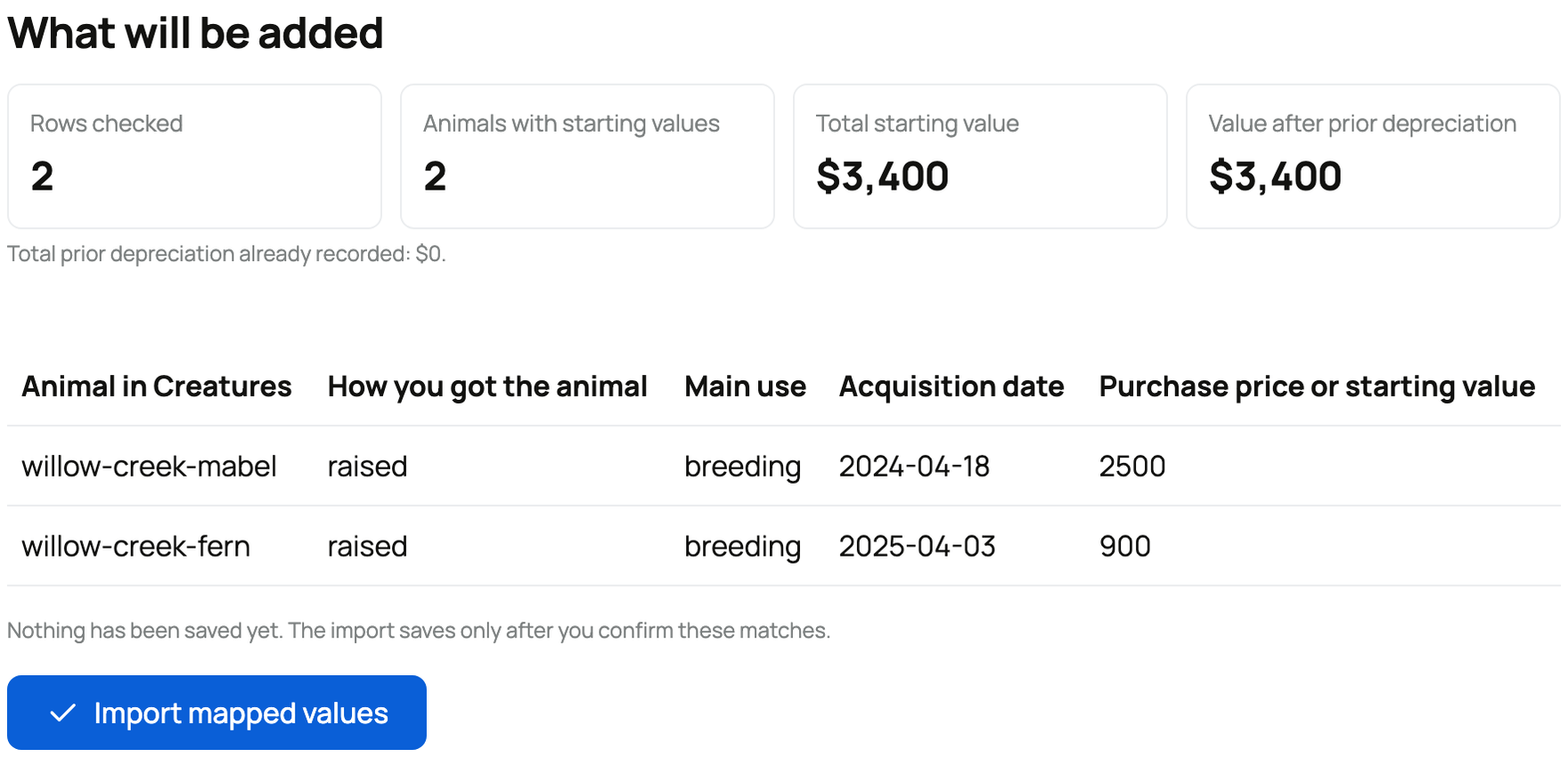 Starting-value preview showing two existing animals, their amounts, and Import mapped values