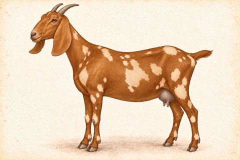 Illustration of a red Nubian doe with cream and tan moonspots.