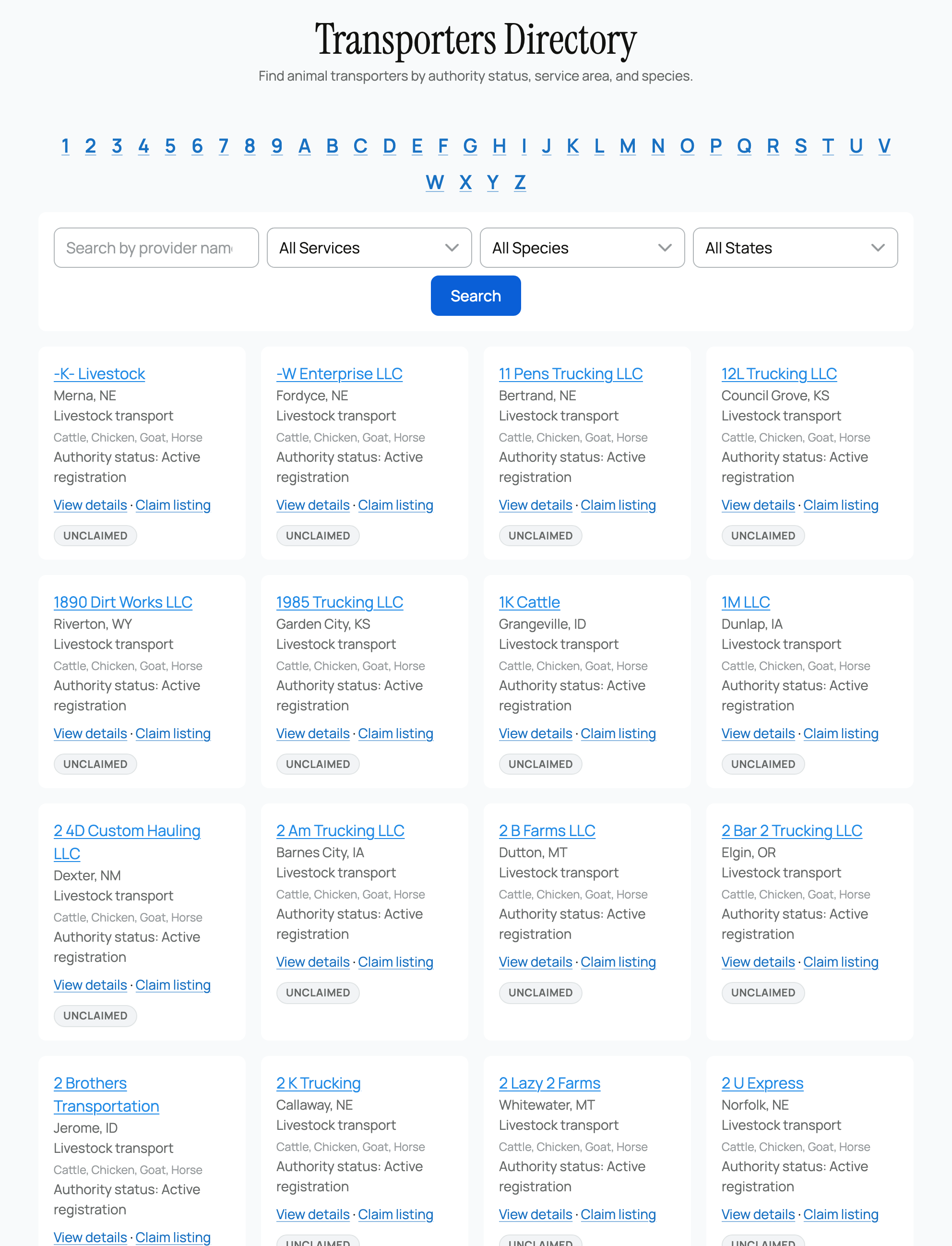 A service-provider category page, with the Claim listing link on an unclaimed card