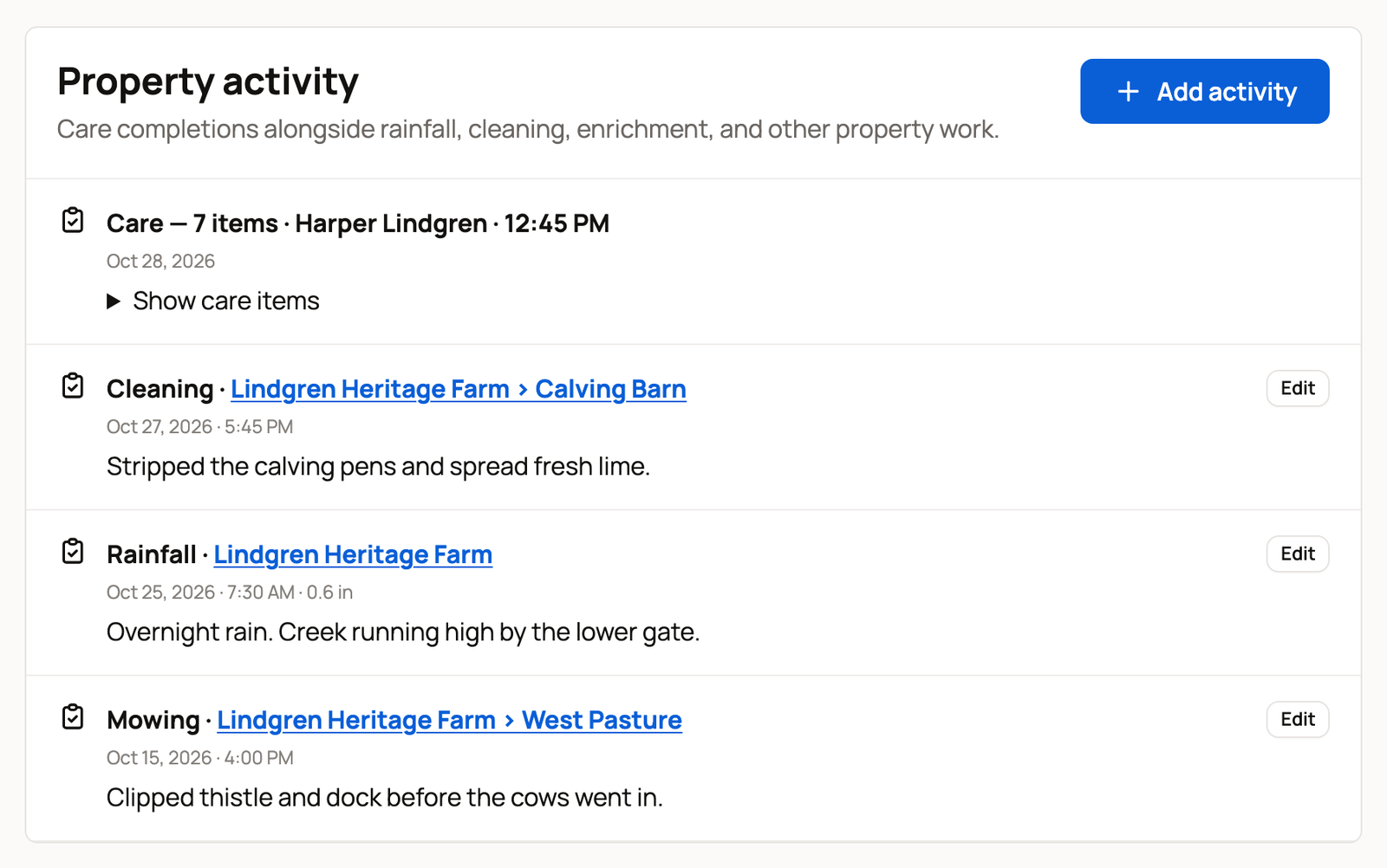 Property activity log with care, cleaning, rainfall and mowing entries