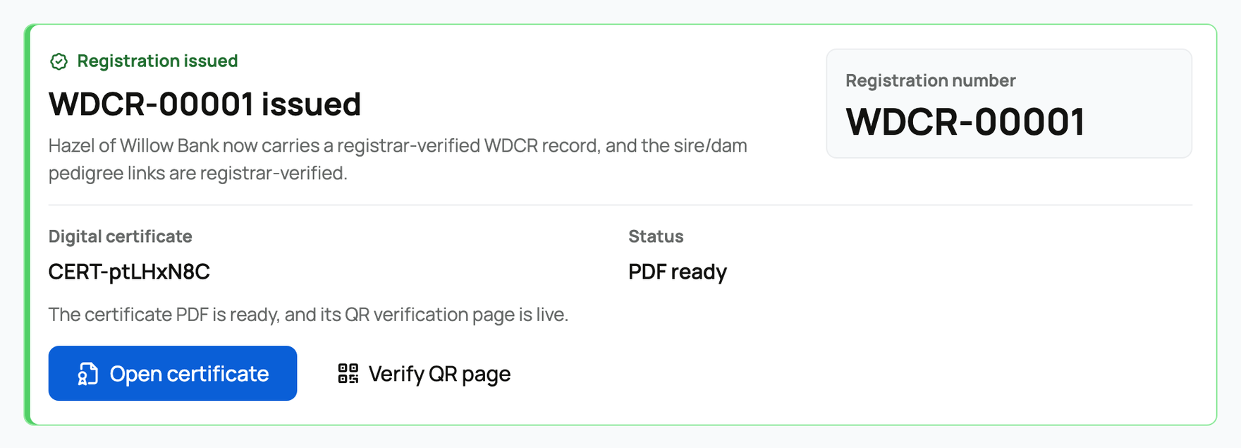 An issued registration number with digital certificate actions