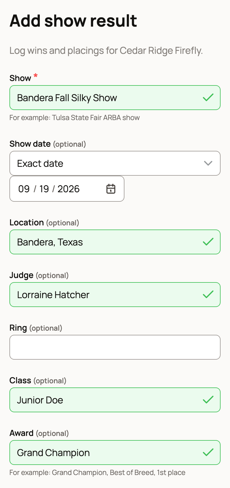 Add show result form with the show name, exact date, judge, class and award filled in