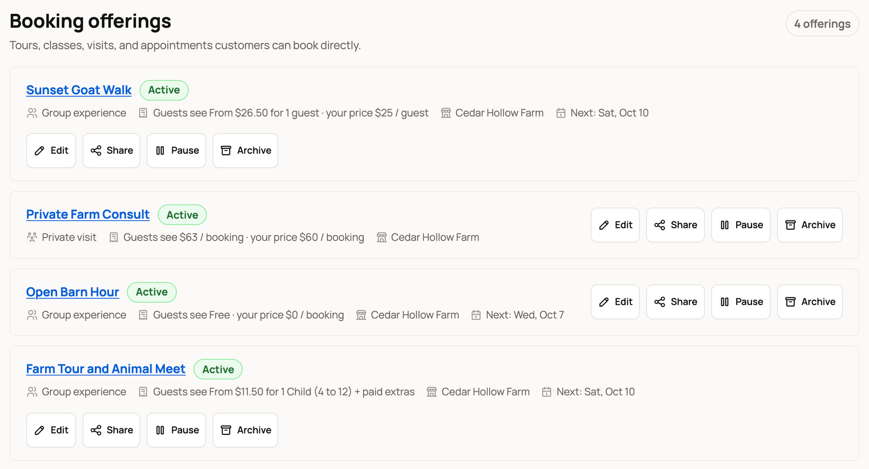Booking offerings with their status, next date, and Edit, Share, Pause, and Archive