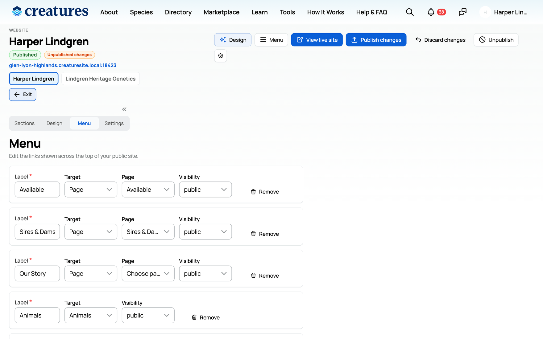 The Menu editor: nav rows with label, target, and visibility