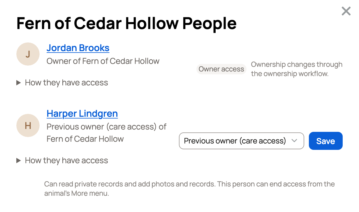 Previous owner (care access) row for Harper Lindgren on Fern of Cedar Hollow