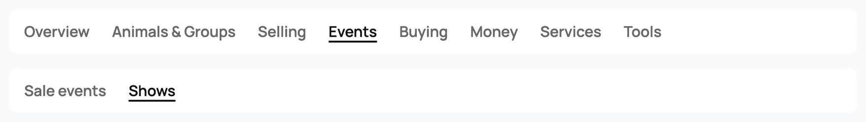 The dashboard Events menu, where Shows lives next to sale events