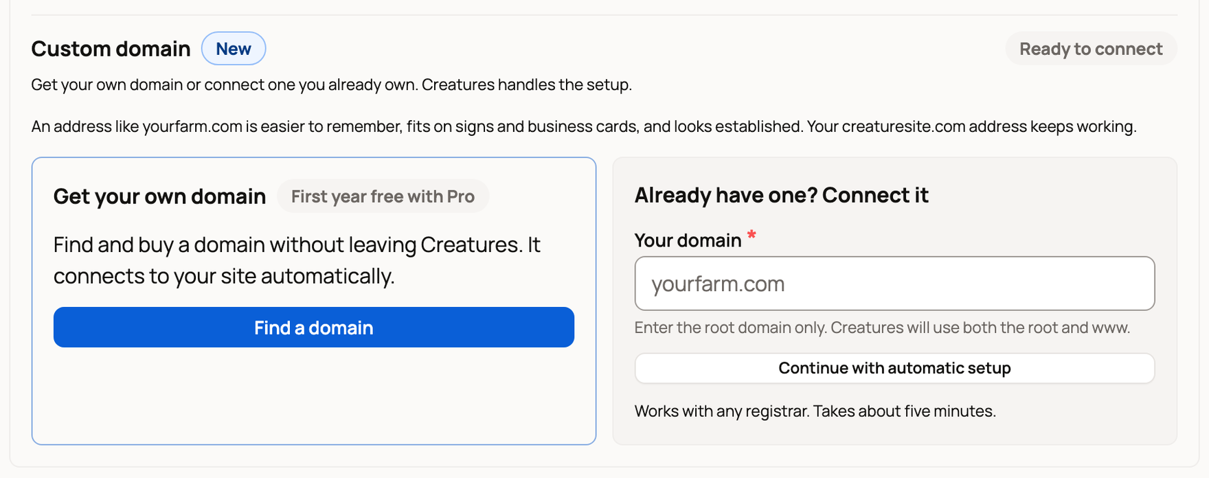 Custom domain options: get your own domain with the first year free on Pro, or connect one you already own