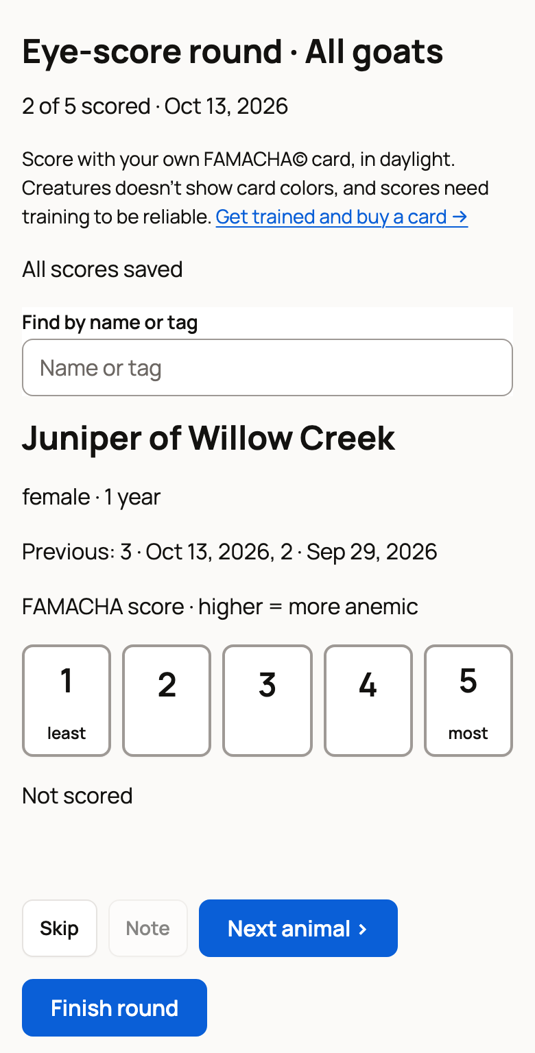 Scoring Juniper of Willow Creek, with her previous scores and FAMACHA buttons 1 to 5