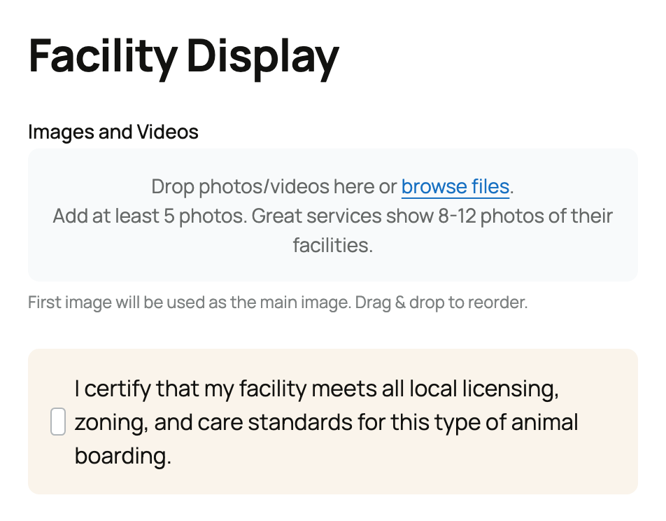 Facility photo requirement, image ordering guidance, and compliance confirmation