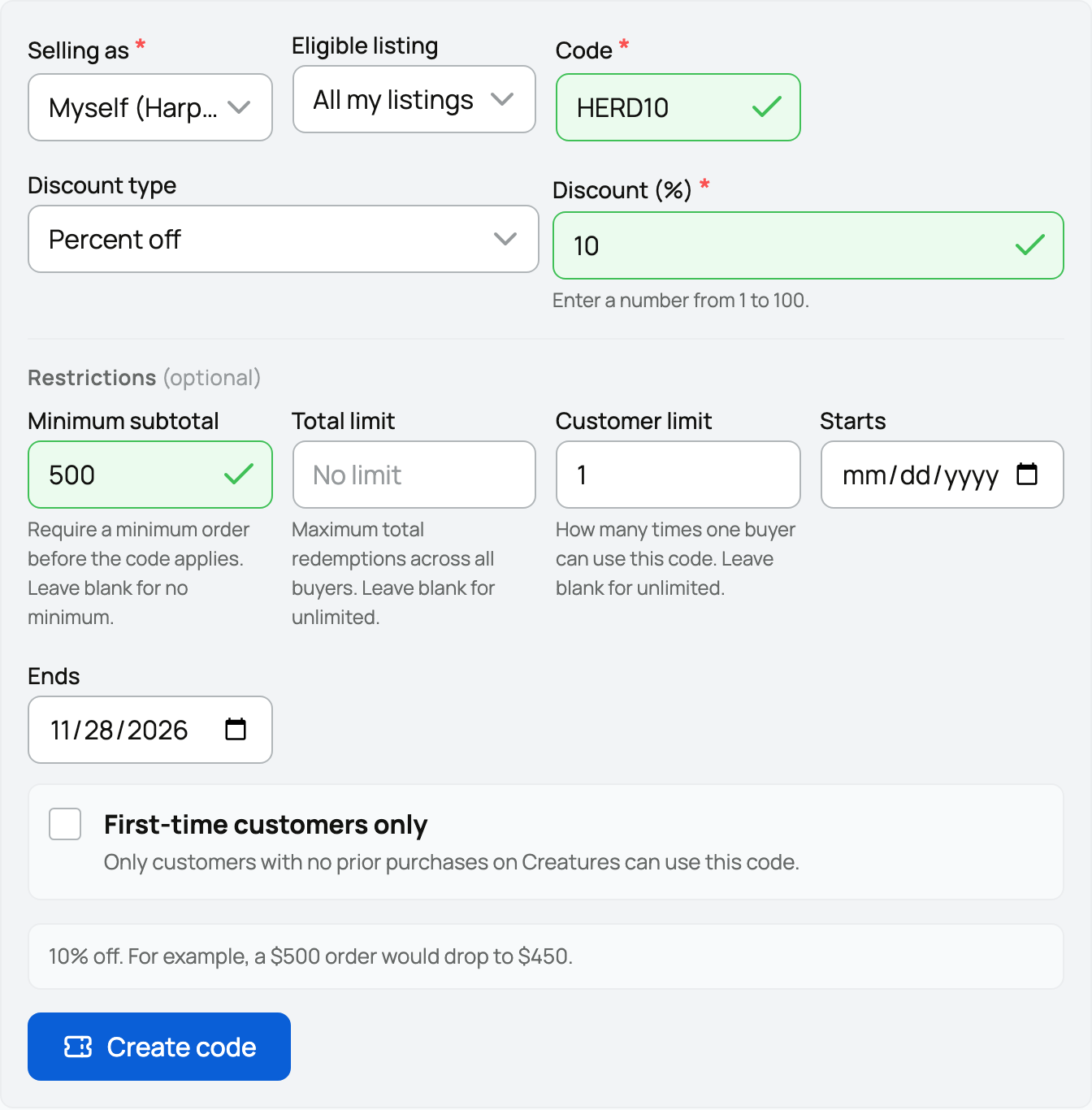 Seller promo form setting HERD10 at 10% off with a $500 minimum subtotal