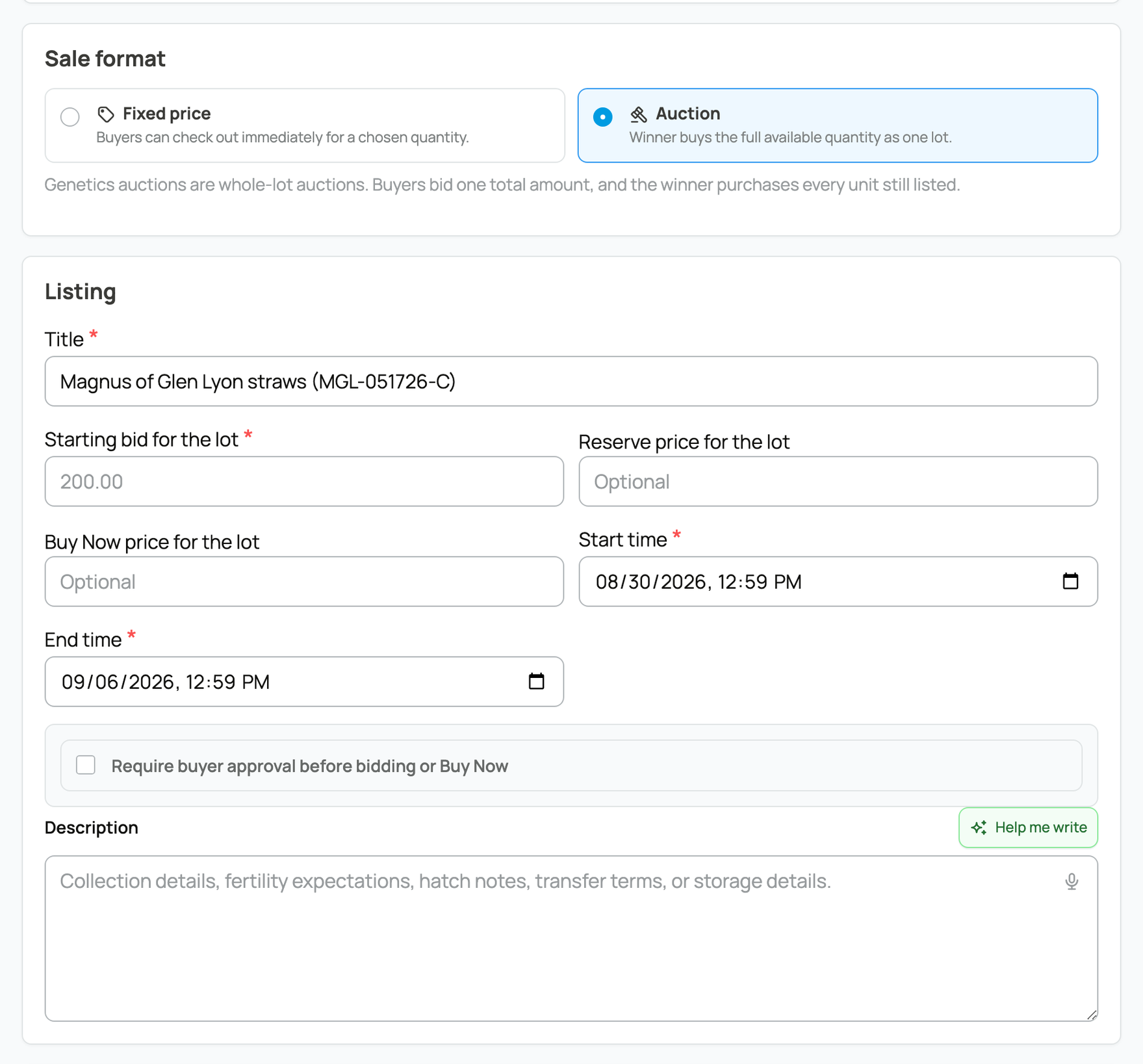 Whole-lot auction price, timing, and buyer-approval choices