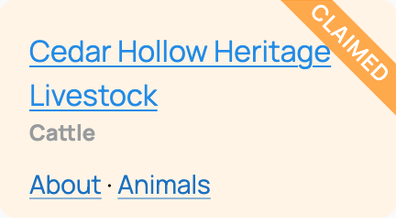 Claimed cattle breeder result with About and Animals links