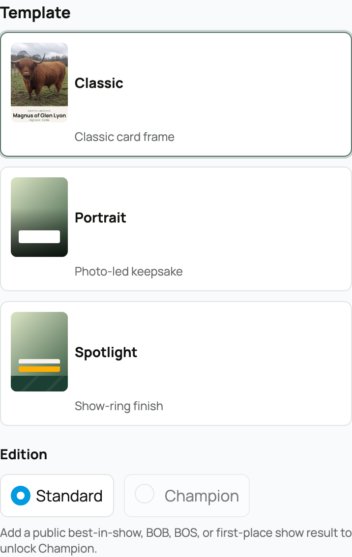 Creature Card editor with Template and Edition choices