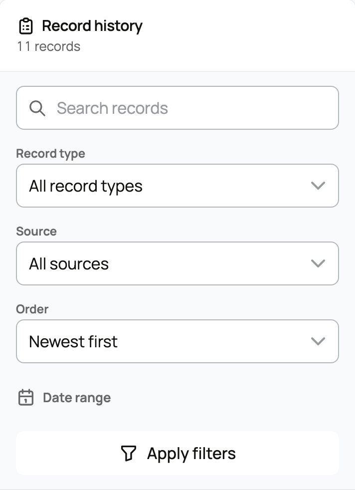 Search, source, type, order, and date filters