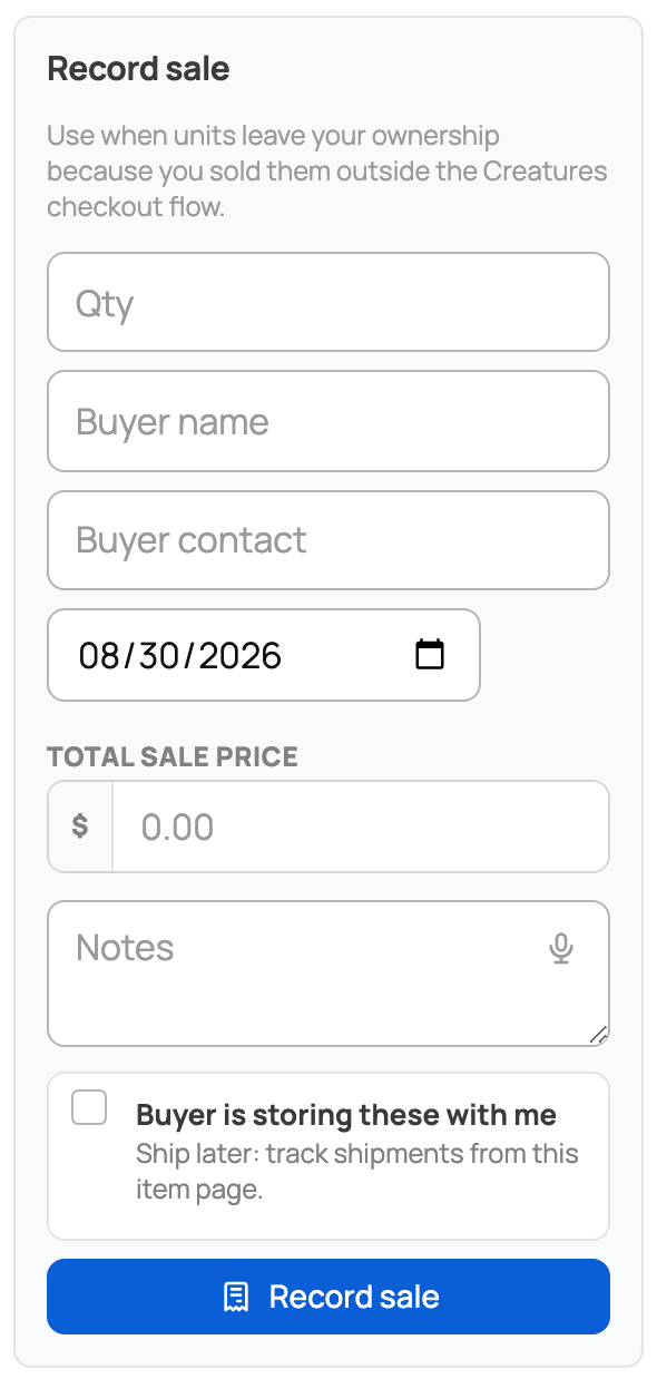 Quantity, buyer, price, date, and storage choice on the record-sale form