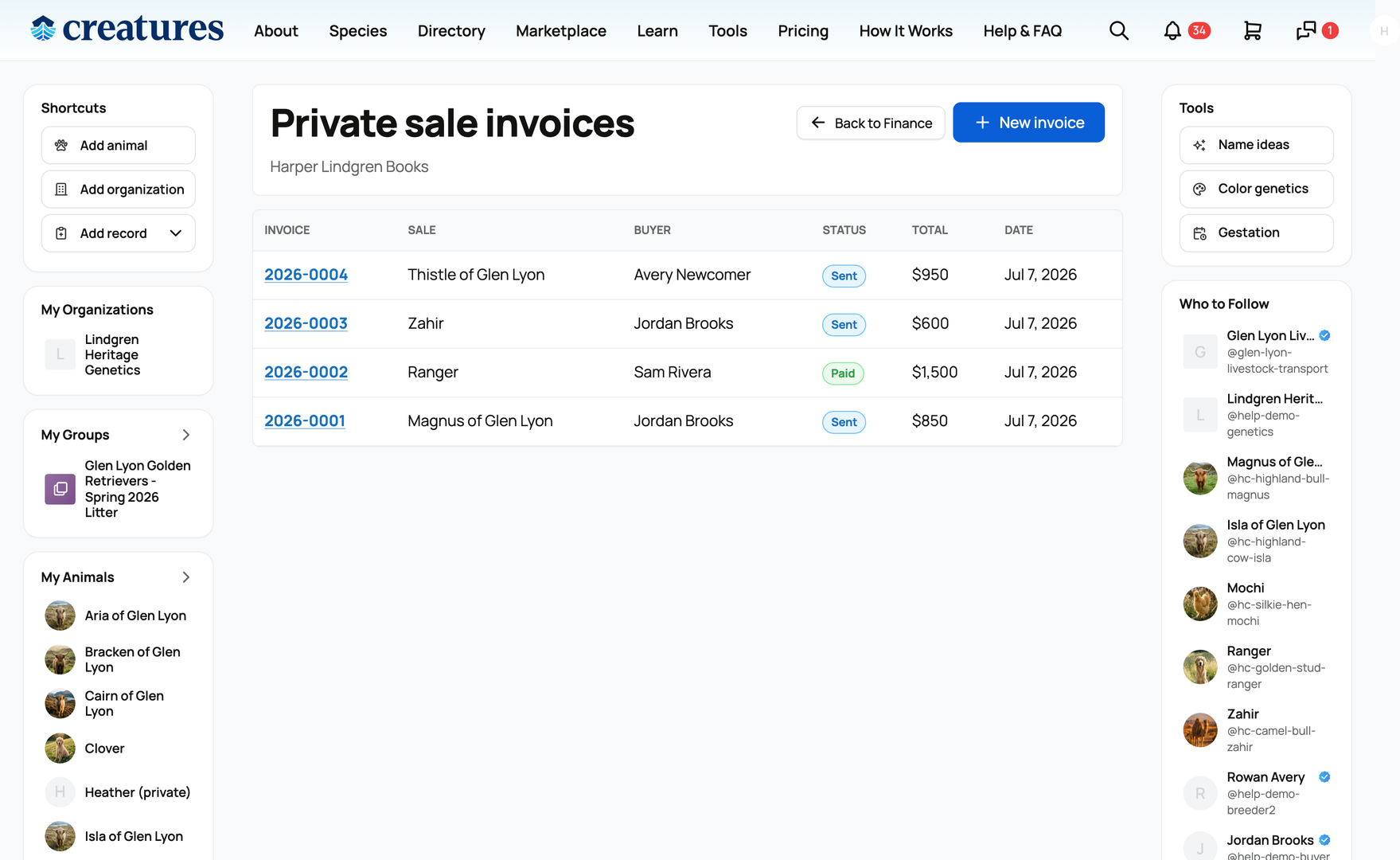 Your private sale invoices