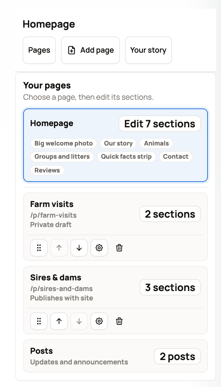Your pages list with Farm visits as a private draft and Sires & dams publishing with the site