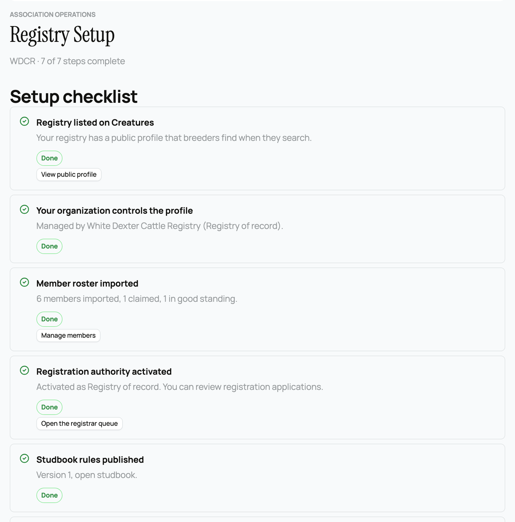 The registry setup checklist with every step marked Done