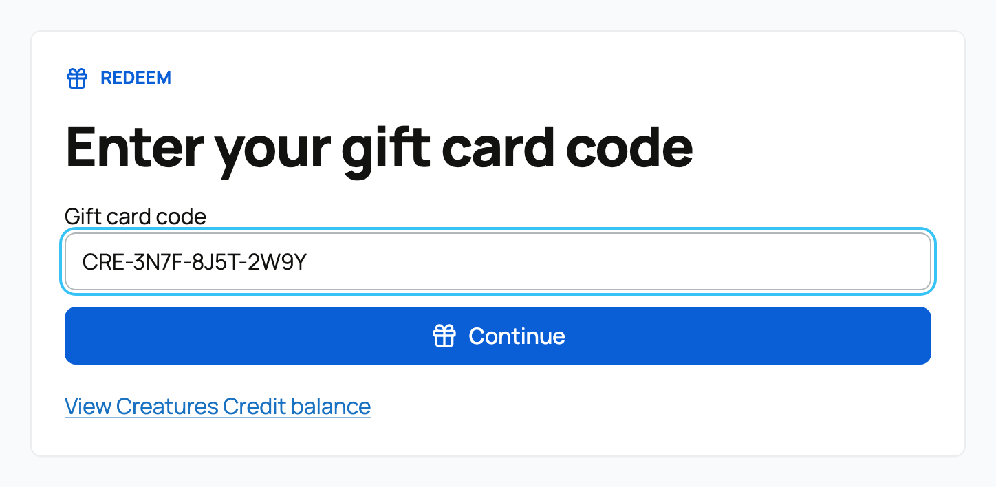 Redeem gift card page with the complete code ready to continue