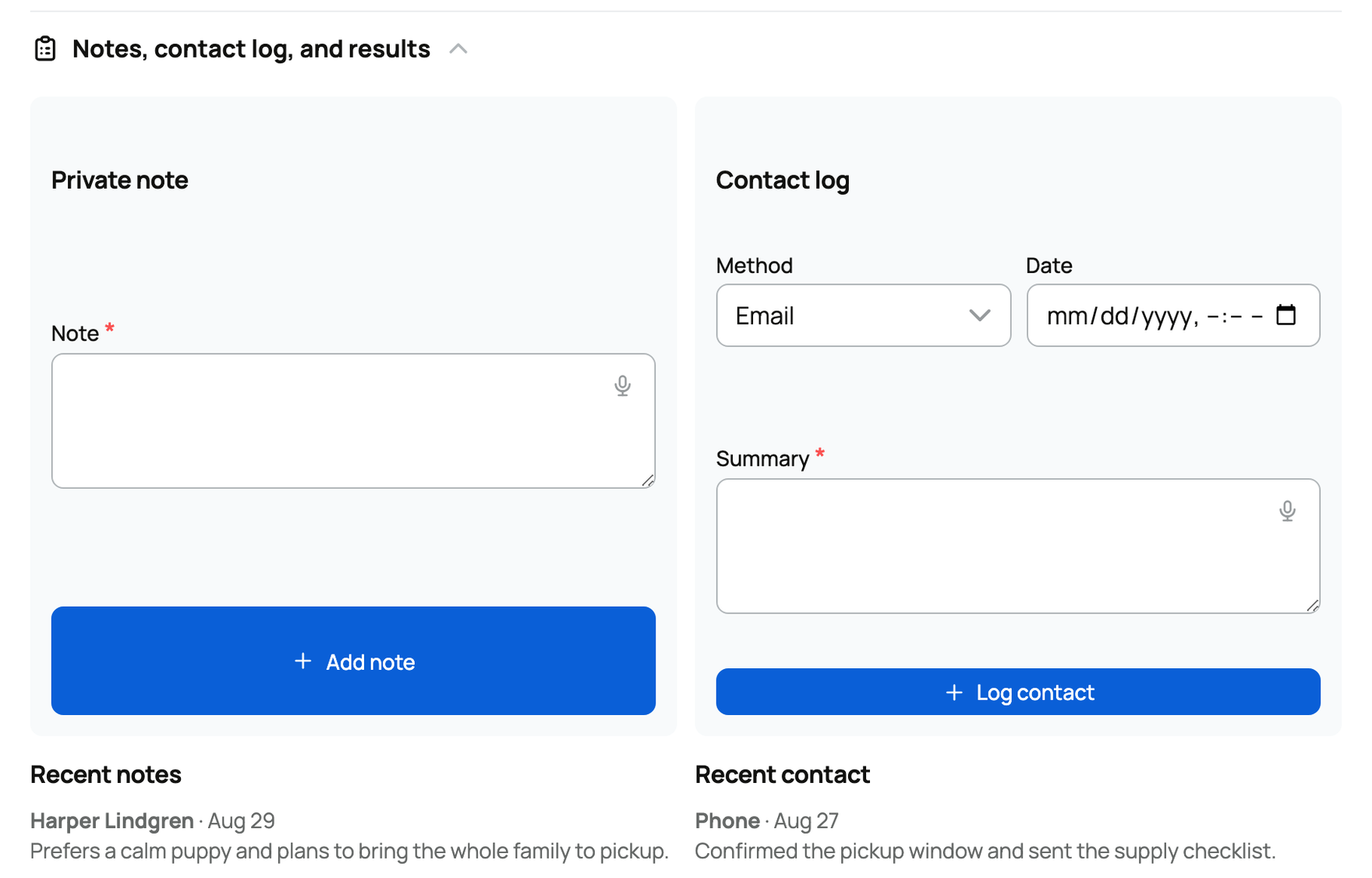 Open buyer relationship with a private note and contact history