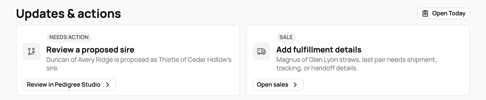 Updates & actions on the Dashboard, with Review a proposed sire and Add fulfillment details