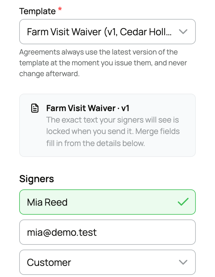 Farm Visit Waiver version 1 selected with signer Mia Reed, mia@demo.test, and Customer role
