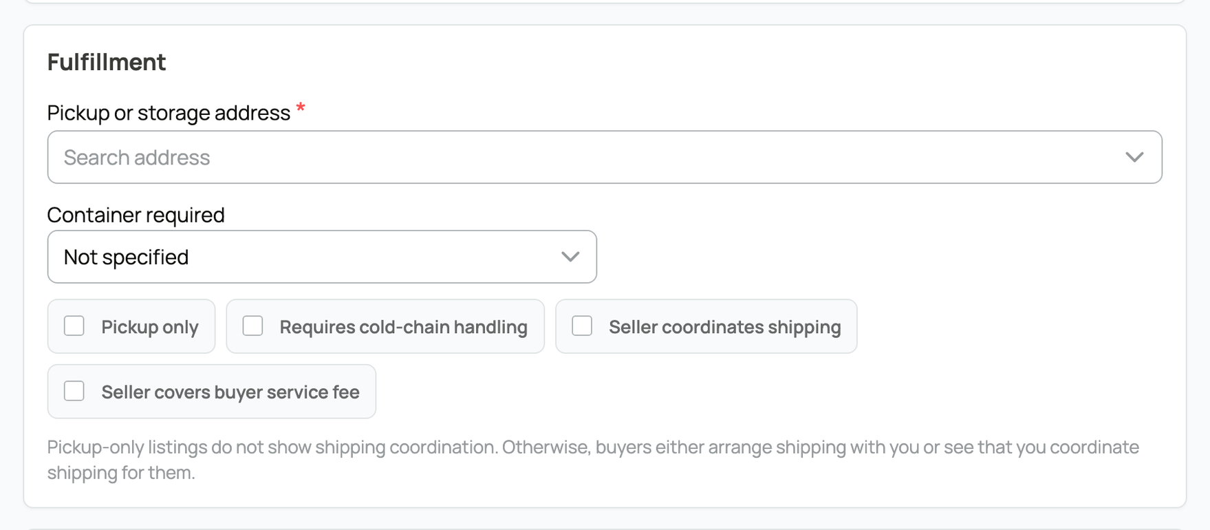 Pickup, cold-chain, shipping, container, and fee choices