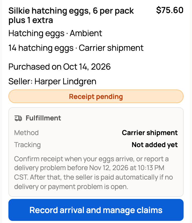 Egg purchase card with Receipt pending and Record arrival and manage claims