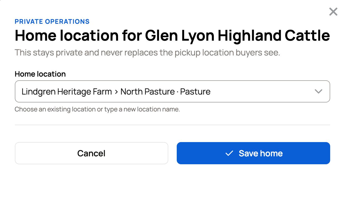 Home location for Glen Lyon Highland Cattle set to North Pasture, with Save home