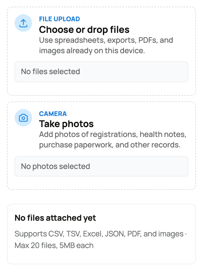File and camera choices for importing existing records