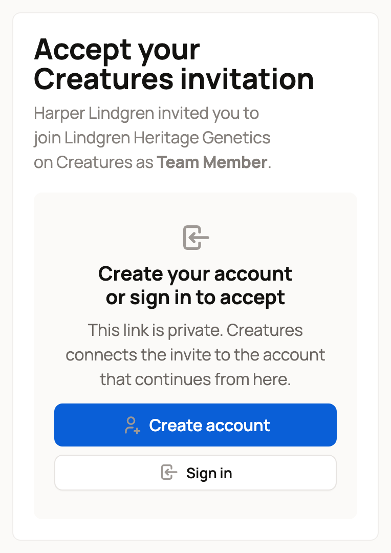 Invitation page on a phone asking you to create an account or sign in to accept