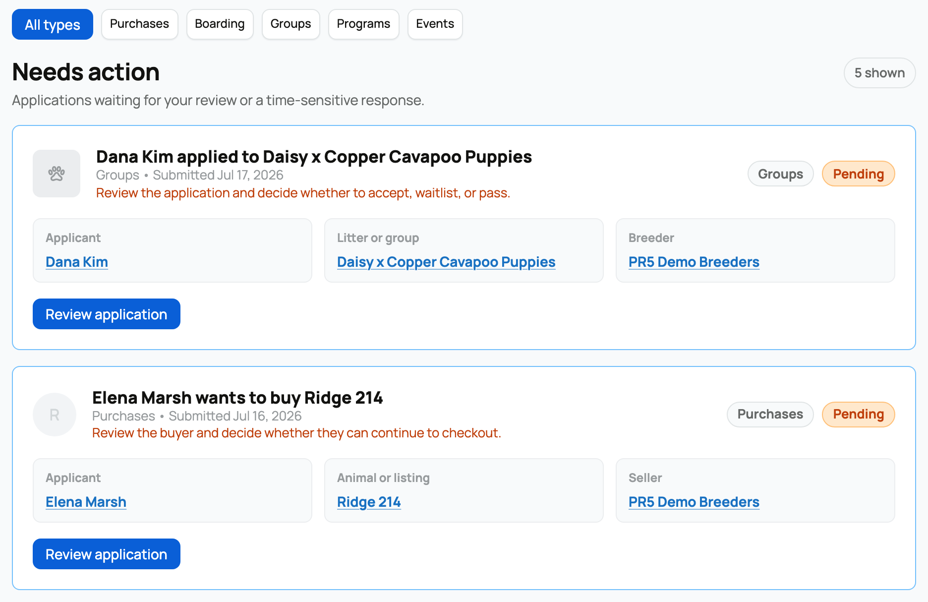 The unified applications inbox: type tabs and a pending application awaiting review