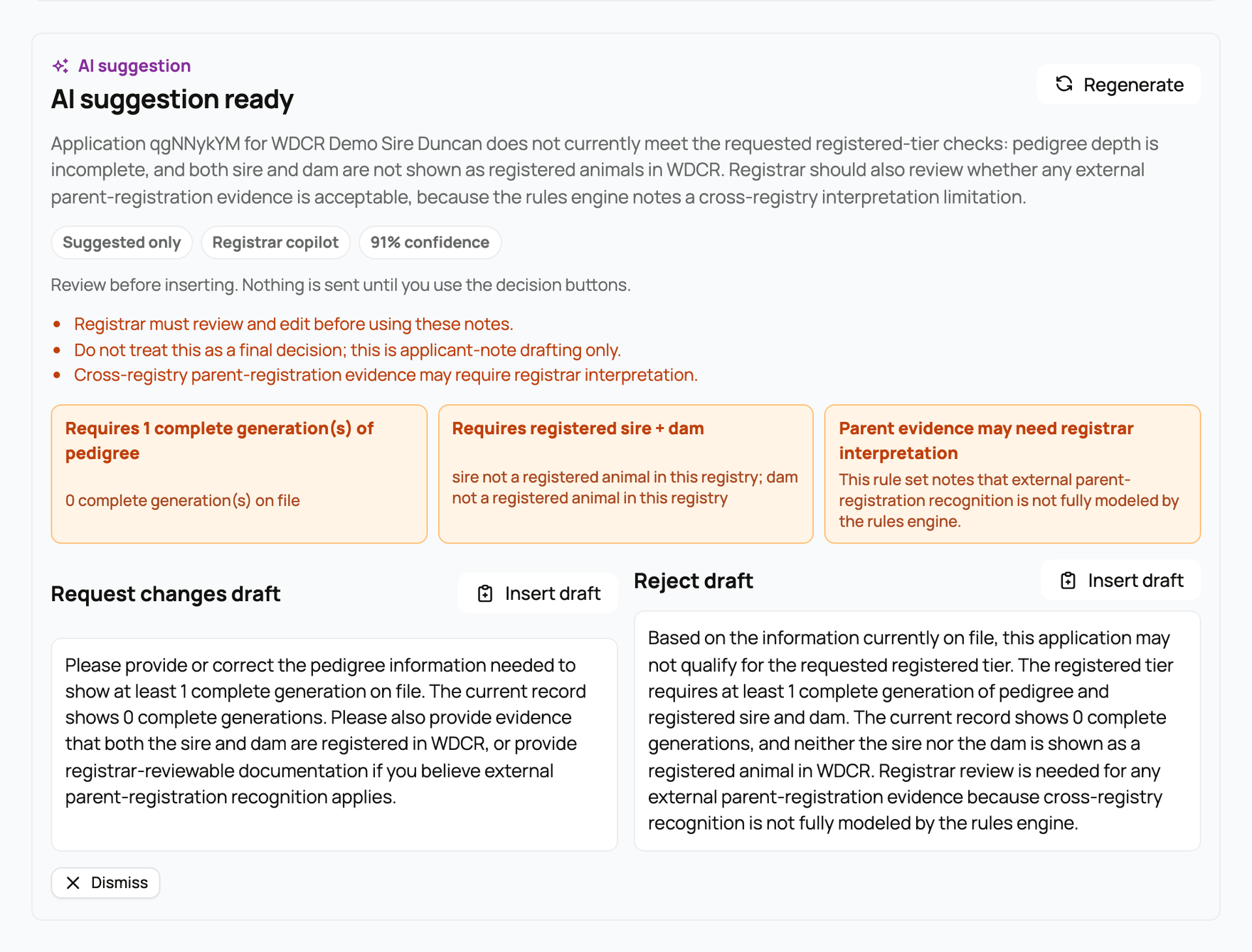 The registrar AI suggestion panel