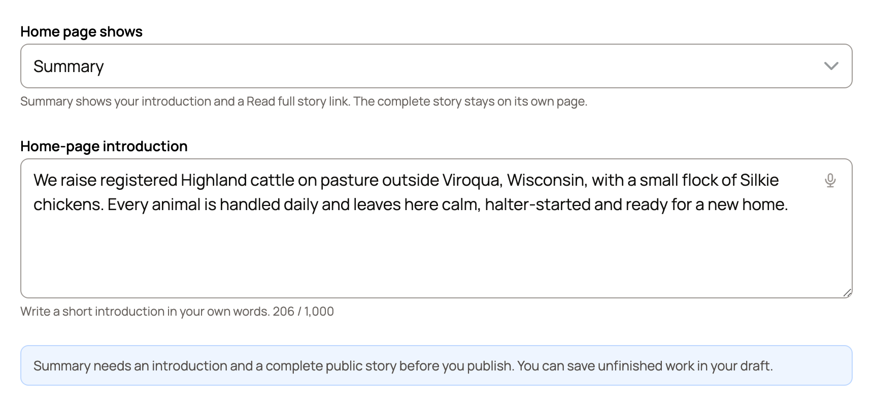 Your story writer with Home page shows set to Summary and a filled Home-page introduction