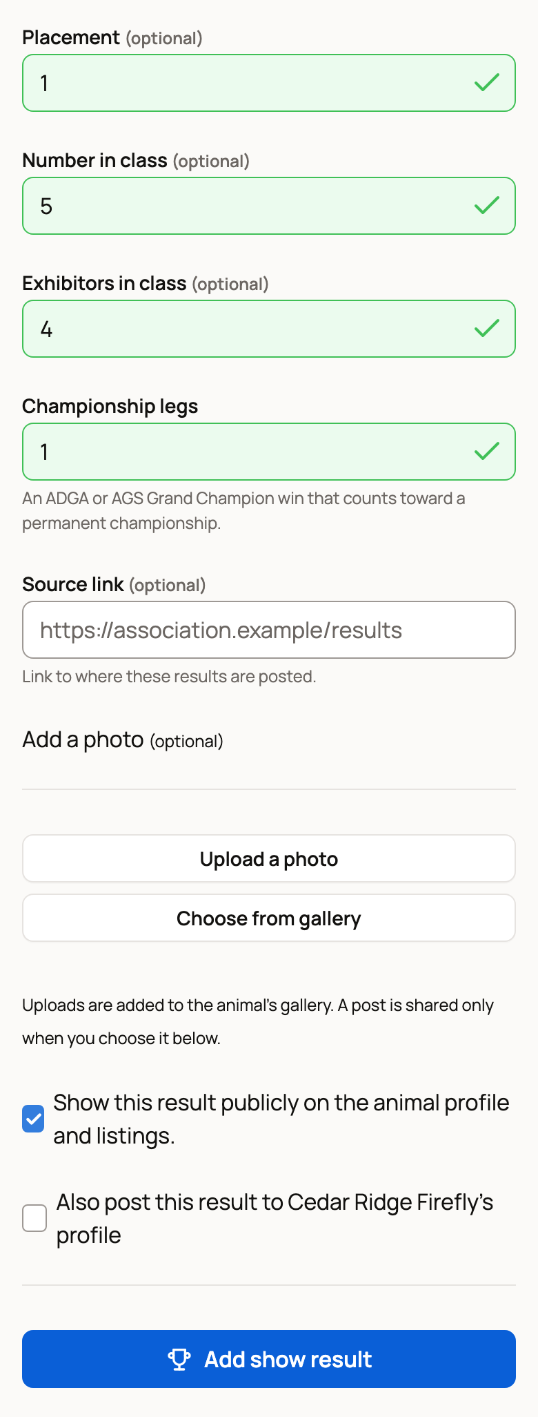 Lower part of the show result form with placement, number in class, exhibitors in class, championship legs, source link, photo buttons and sharing check boxes