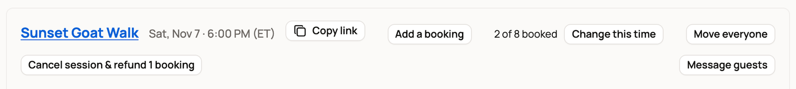 A booked time with Change this time, Move everyone and Cancel session and refund 1 booking