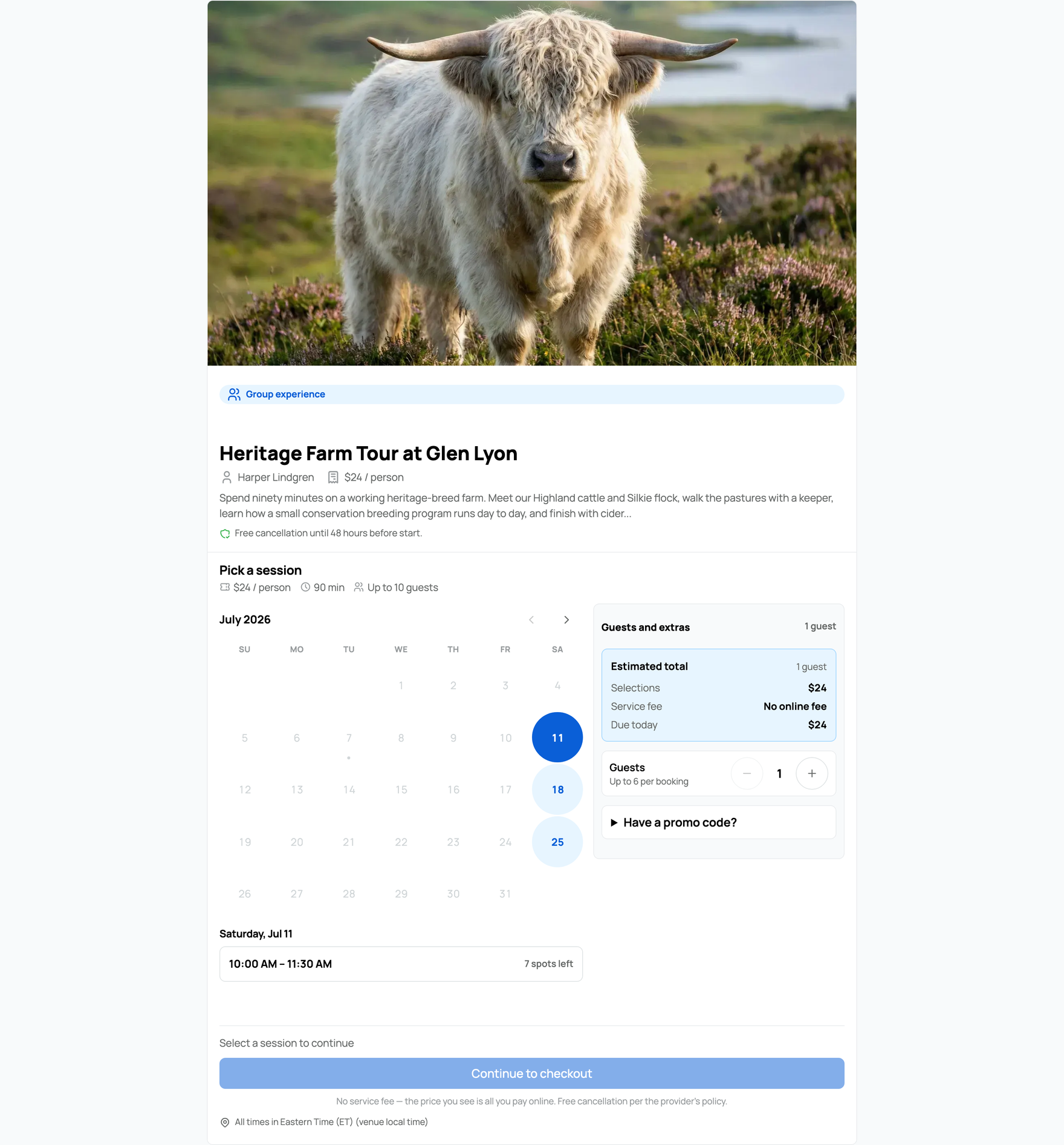 What guests see in the inline booking embed on your own site