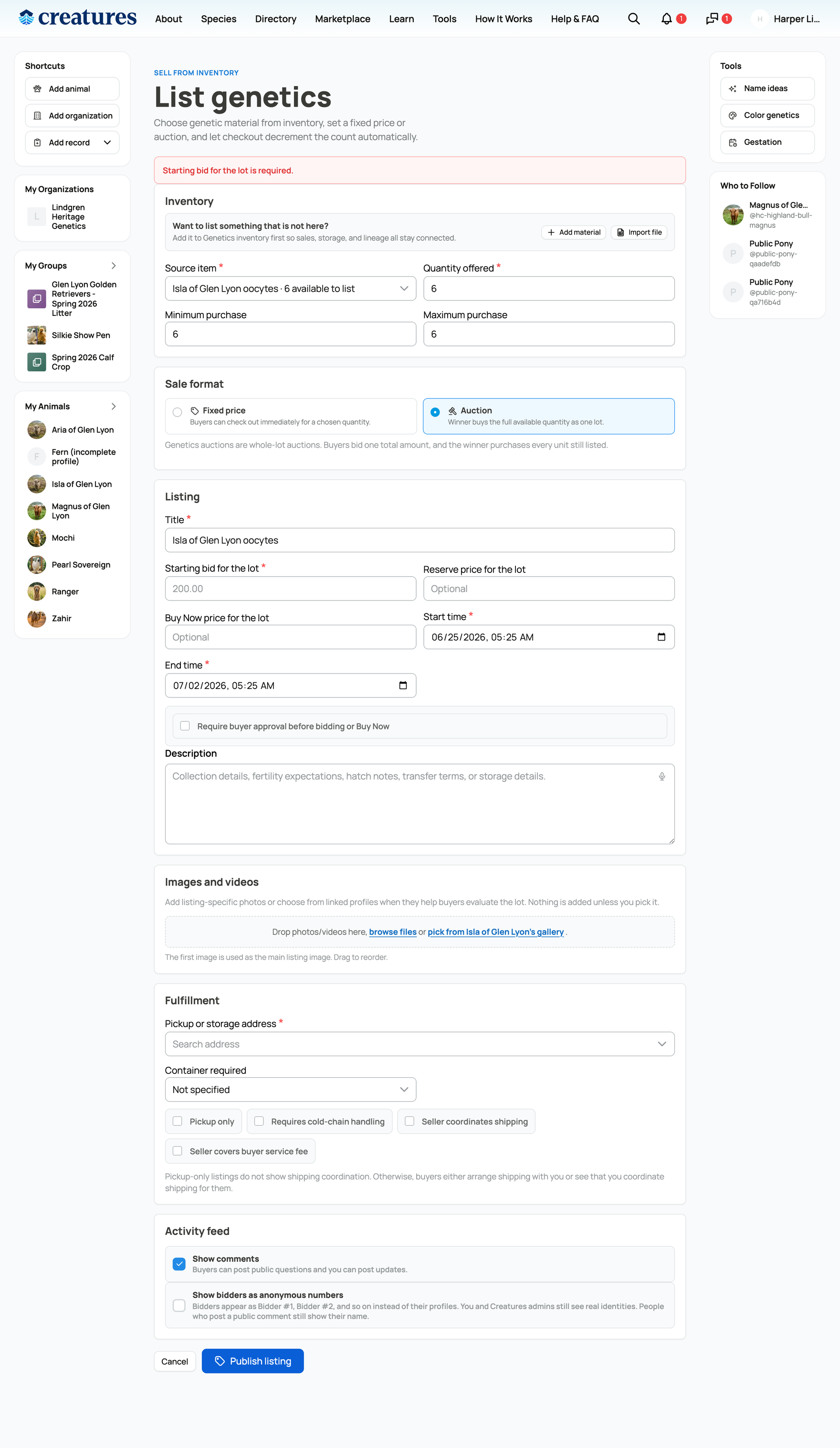 The create-listing form
