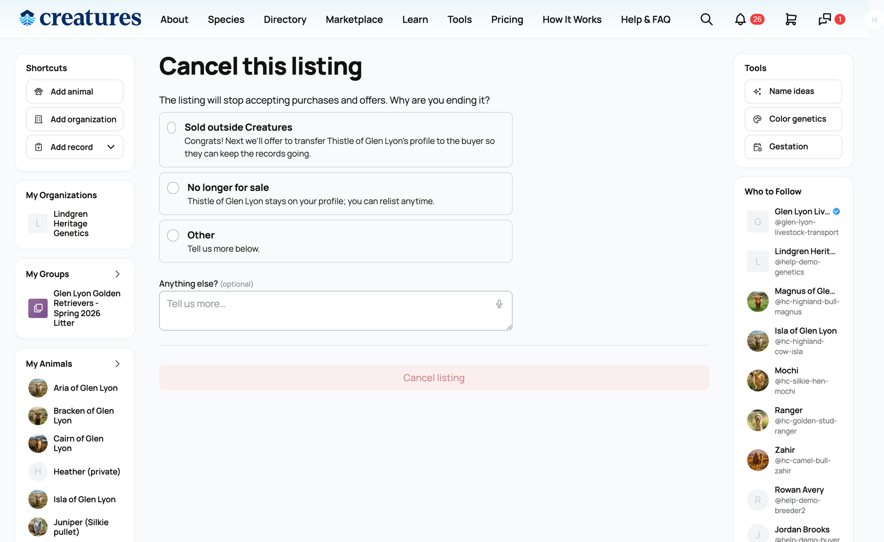 The cancel dialog, where you pick a reason