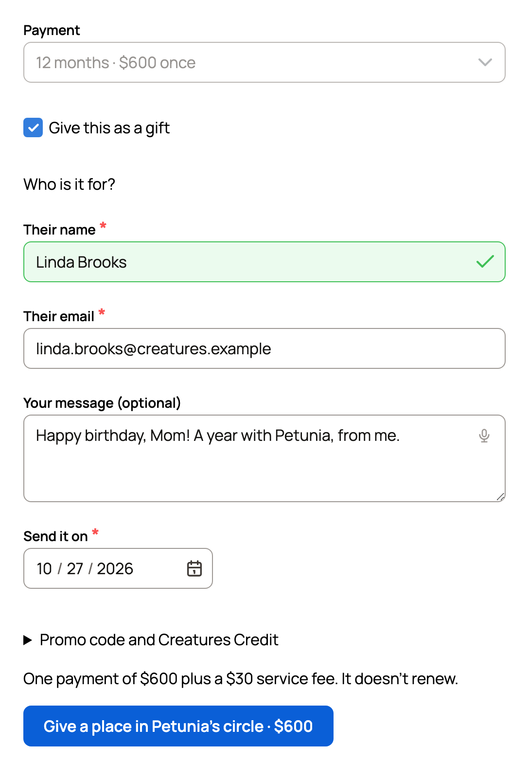 Give this as a gift turned on, with Linda Brooks as the recipient, a birthday message, a send date and a Give a place in Petunia's circle button
