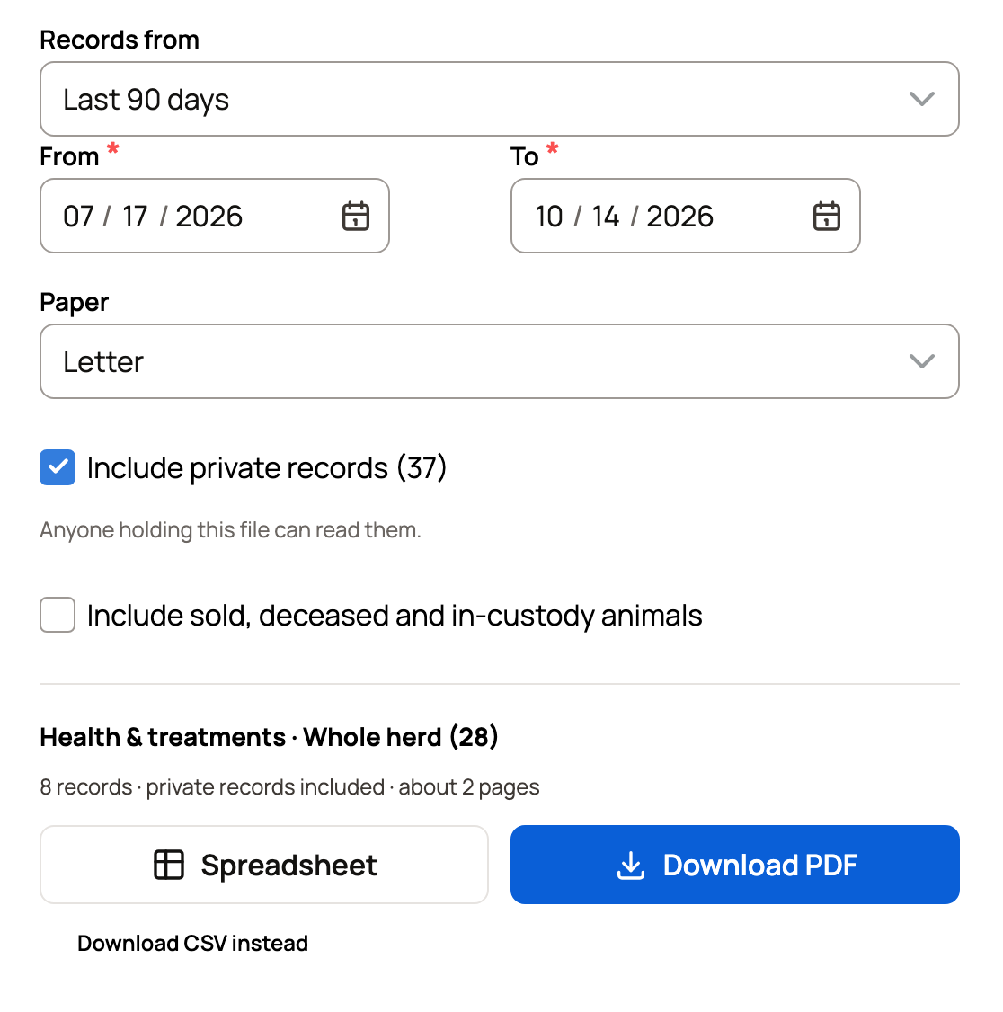Report period set to Last 90 days with Include private records ticked and its warning, above the Spreadsheet and Download PDF buttons