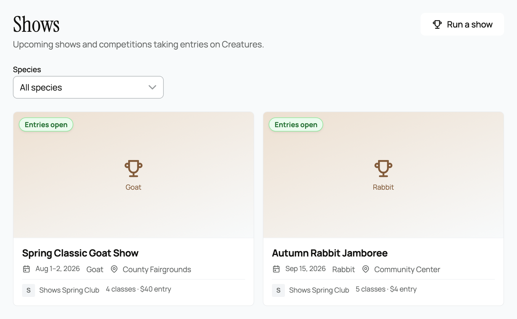 The public shows directory with the species filter