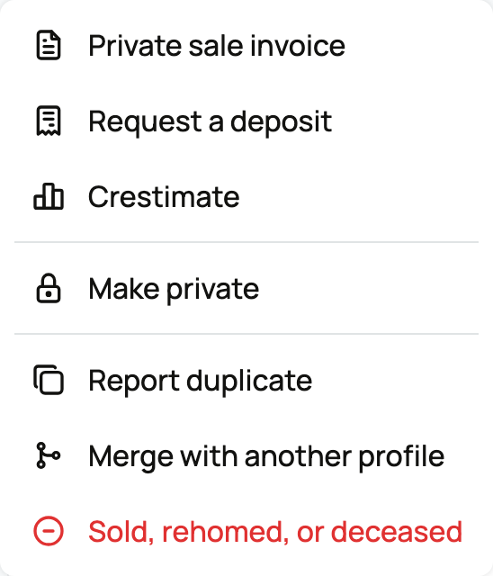 More animal actions menu with Sold, rehomed, or deceased