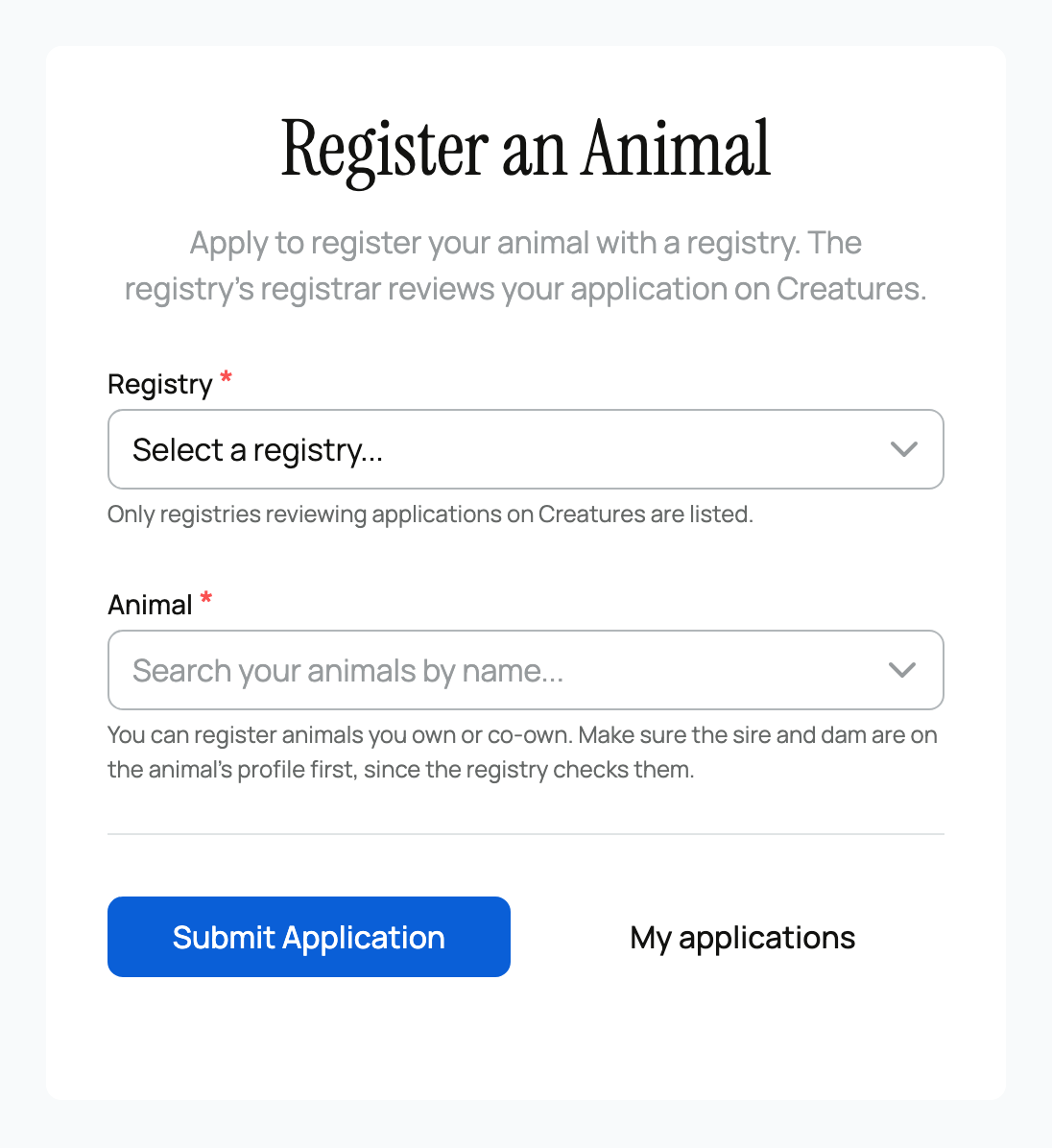 The Register an Animal form
