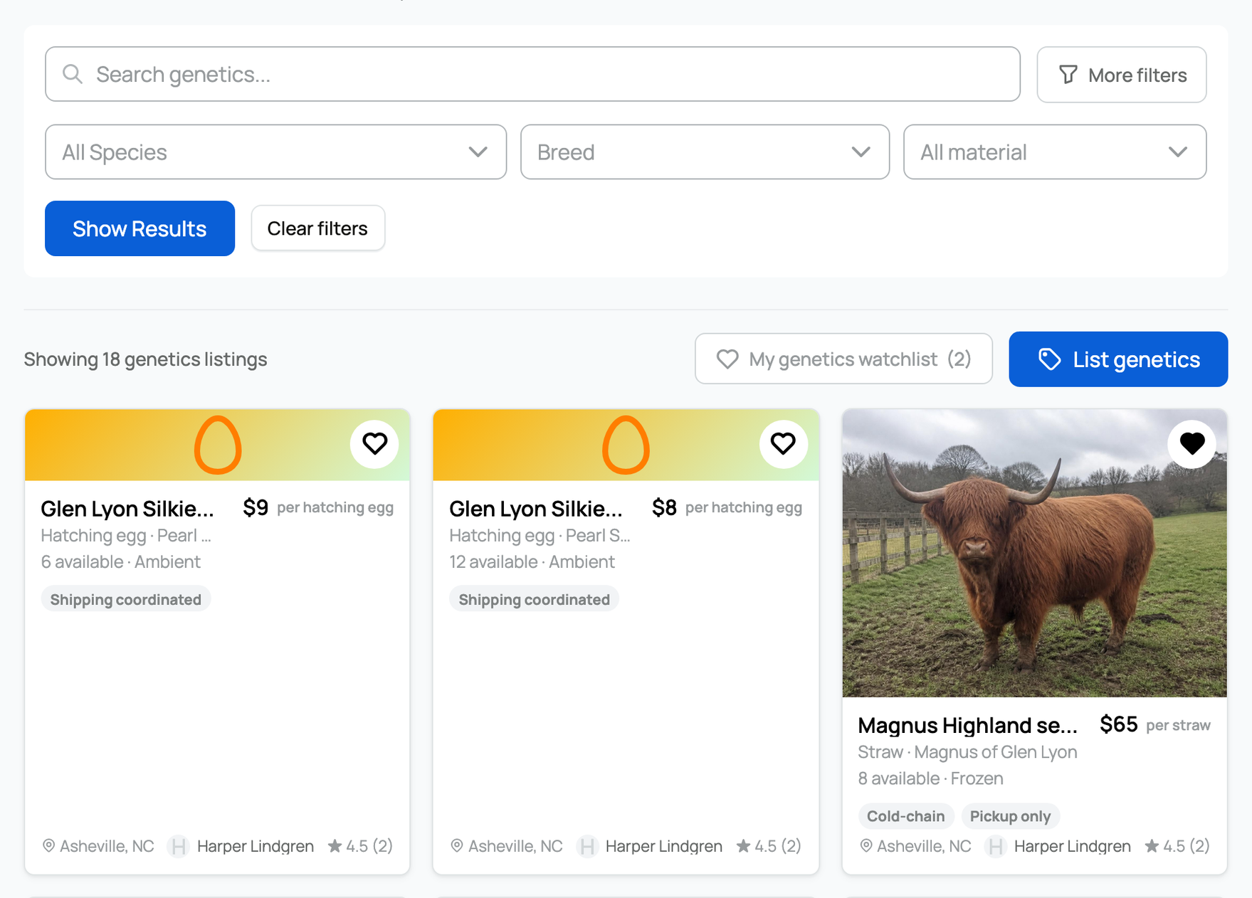 Genetics marketplace filters and focused listing cards