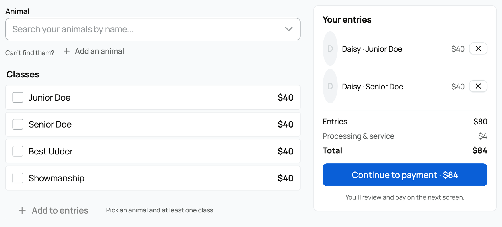 Building an entry: pick classes and see the live quote