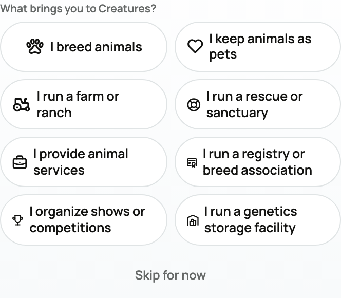 What brings you to Creatures choices for breeding, pets, farms, rescues, services, registries, shows, and genetics storage