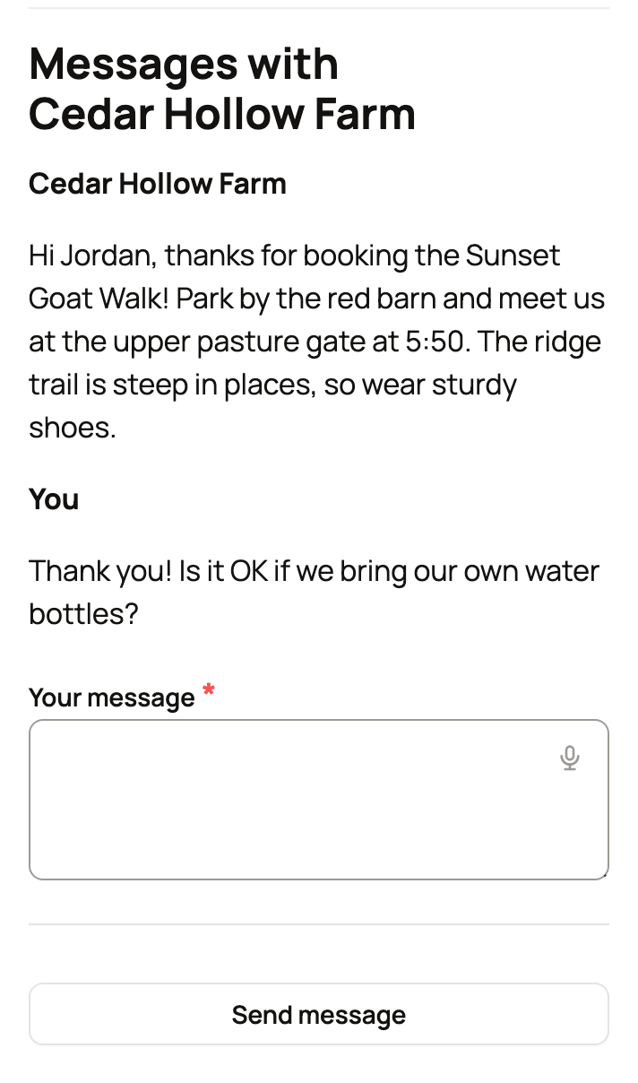 Messages with Cedar Hollow Farm about where to meet, with a reply box and Send message