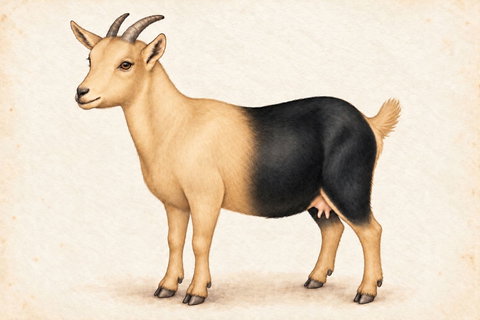 Illustration of a cou clair swiss Nigerian Dwarf doe: tan face, front, lower legs and tail with black rear body and rear belly.
