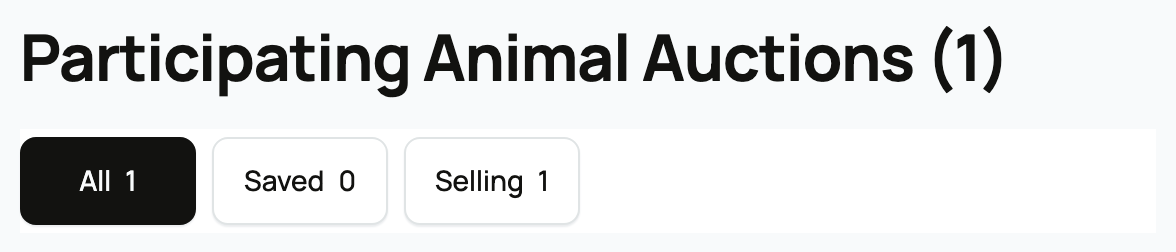 Participating Animal Auctions with All, Saved, and Selling views